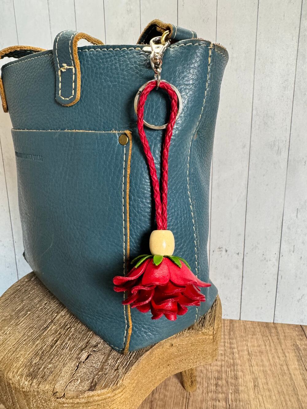 Leather Red Flower Purse Charm Genuine Leather Rose Bag Charm NEW FAST SHIP